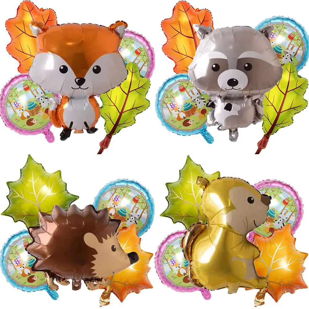 5pcs/set Hedgehog Squirrel Foil Balloon with Leaves Balloon for Boy's Woodland Animal Birthday Party Thanks Giving Decorations