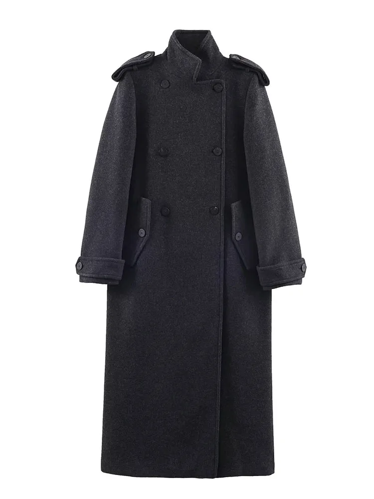 HH Women Winter Fashion Versatile Blended Long Woolen Jacket Female Casual Stand Collar Shoulder Decoration Pocket Coat Mujer