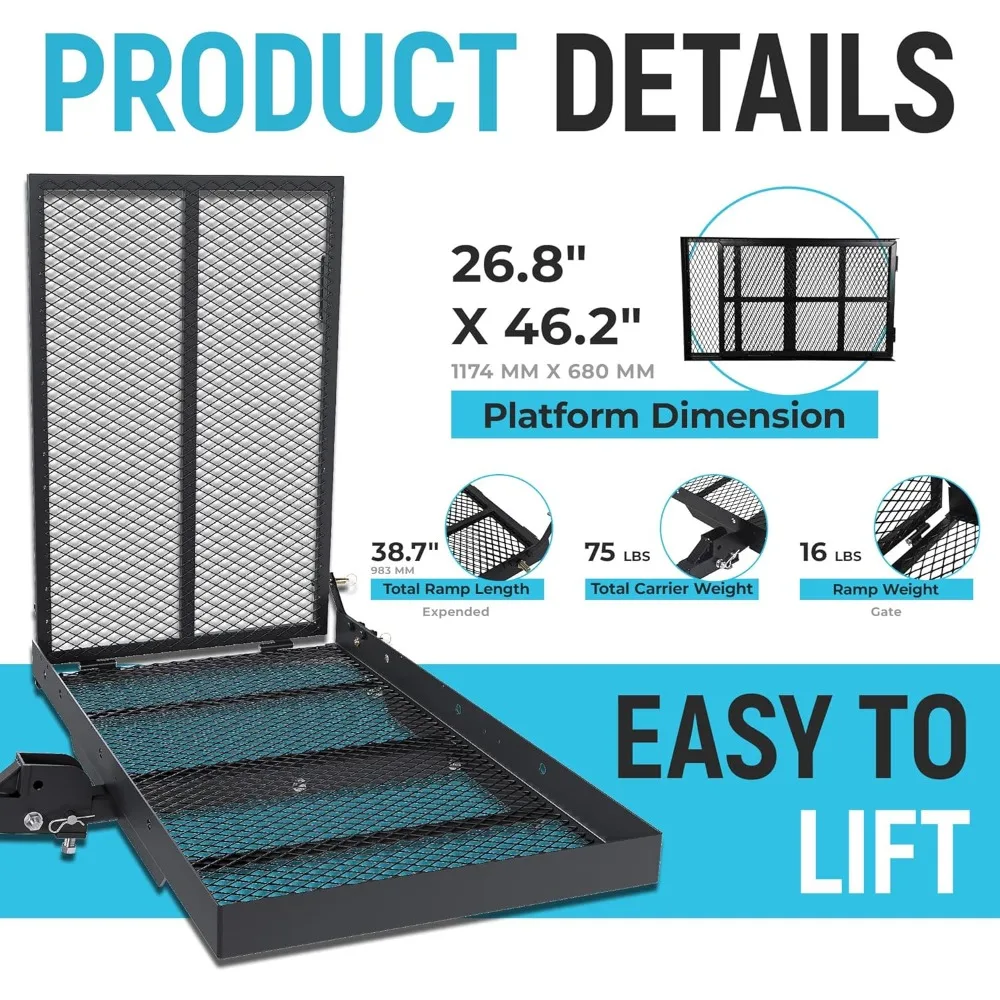 46,2 x 26,8 x 38,7 Zoll Anhängerkupplungsträger mit Rampe, faltbar, 500 Pfund Kapazität, Anhängerkupplungsmontage, Stahl-Rollstuhlträger, Mobilität