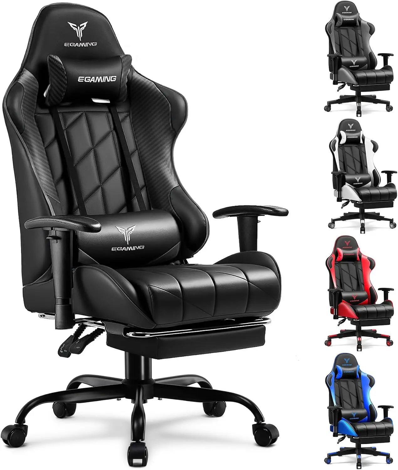 Ergonomic High-Back Gaming Chair with Footrest, PU Leather, 3D Adjustable Armrests, Headrest & Lumbar Support, Diamond Stitching for Adults & Teens
