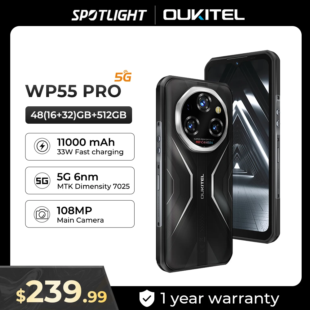 

Oukitel WP55 Pro 11000mAh Rugged Smartphone 5G 11000mAh 48GB+512GB Andiron 15 64MP 33W Fast Charging NFC Cell Phone