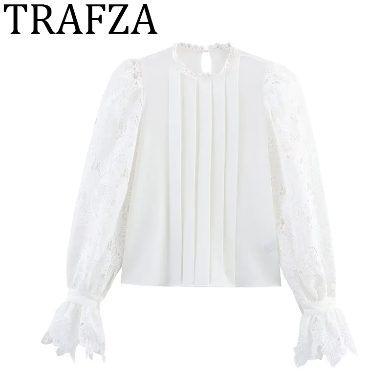 

TRAFZA Woman 2025 Ruffle-Trimmed Lace-Inset Blouse Summer Top Women Casual Vintage Shirts and Blouses Woman White Casual Tops