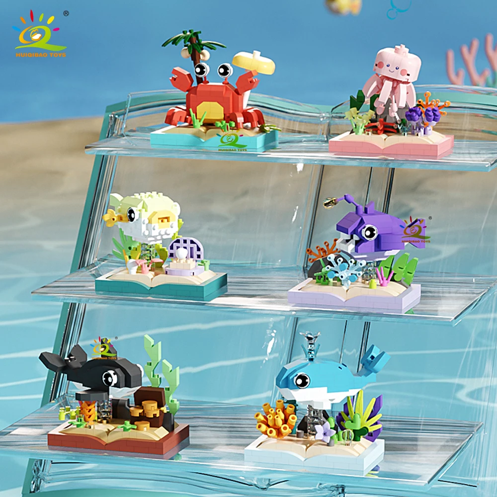 

HUIQIBAO MOC Ocean Series Micro Building Block Orcas Lantern fish Blue Whales Mini Brick set Toy for Children Desk Decoration