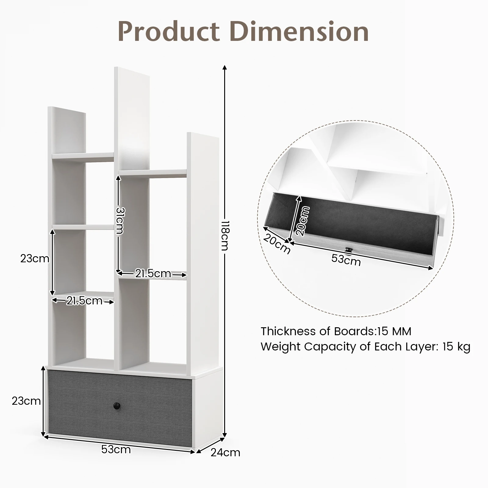 GOFLAME Tree Shaped Bookcase with Drawer, Free Standing Bookshelf with 7 Open Storage Shelves