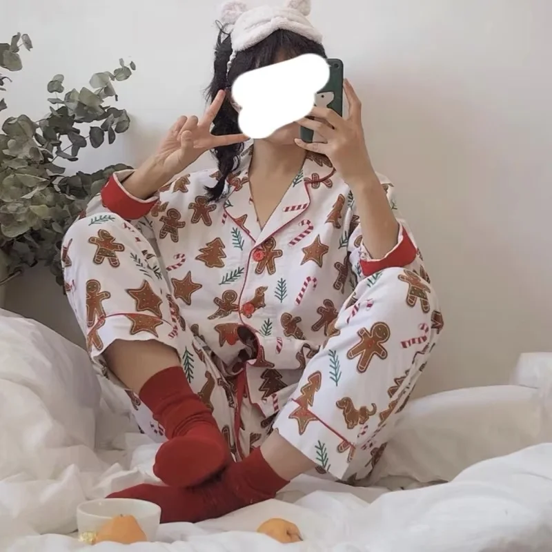 

2024 New Christmas Animal Print Small Lapel Long Sleeved Cardigan Sleepwear Women's Autumn And Winter New Home Suit Sets Gifts