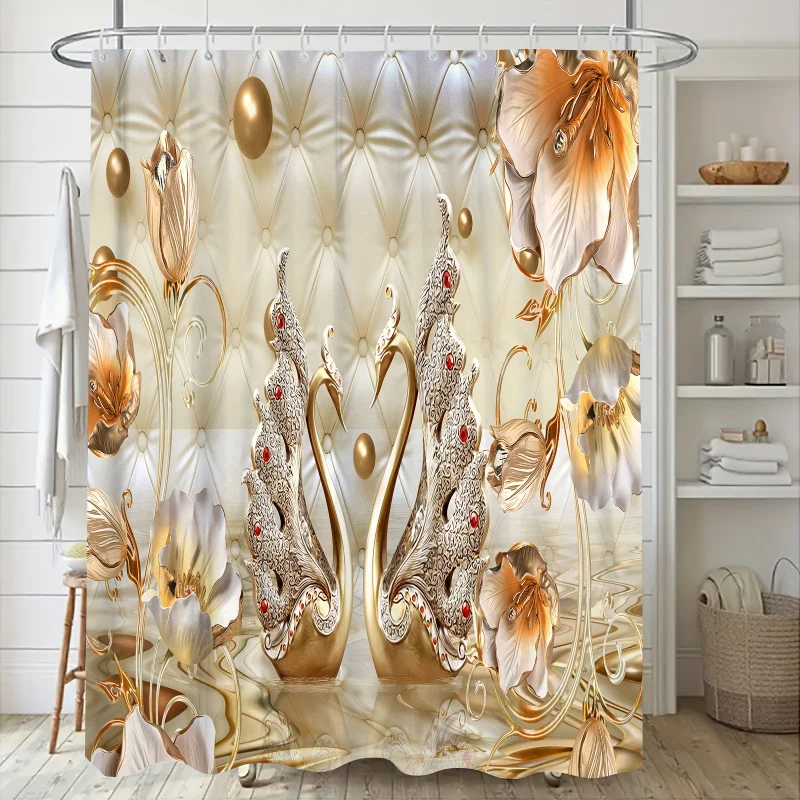 1/3/4pcs Golden Swan Printed , Bathroom Decorative Set Including Waterproof Shower Curtain, Anti-slip Mat, Toi