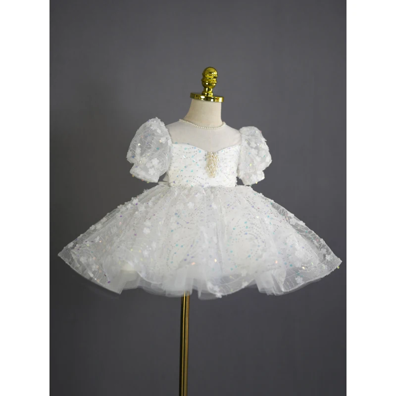 Vestido de flores con lentejuelas brillantes para niños, vestido de fiesta de cumpleaños con apliques de cuentas, hasta la rodilla, manga abombada con lazo