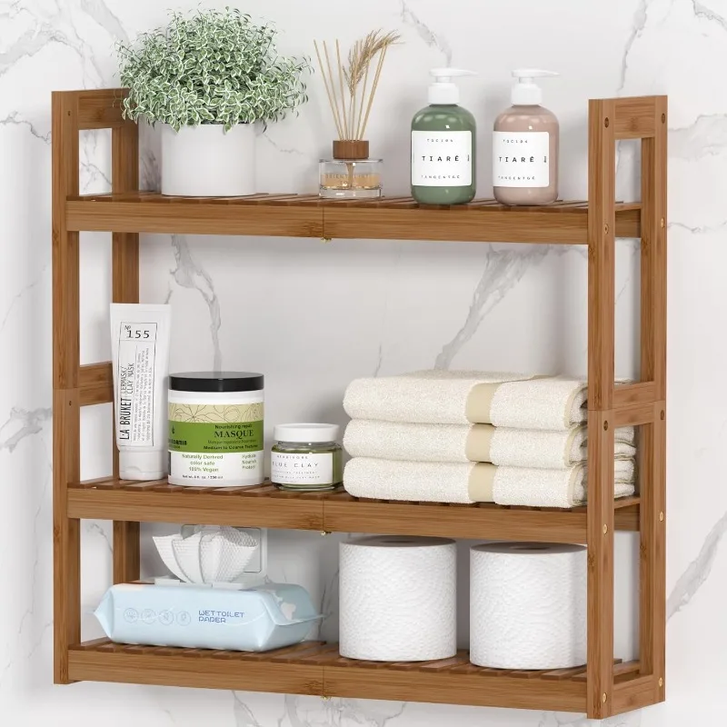 Bathroom Shelves Over The Toilet Storage Shelf 3Tier Wall Mount Bamboo Bathroom Shelf Organizer Multifunctional Adjustable Layer