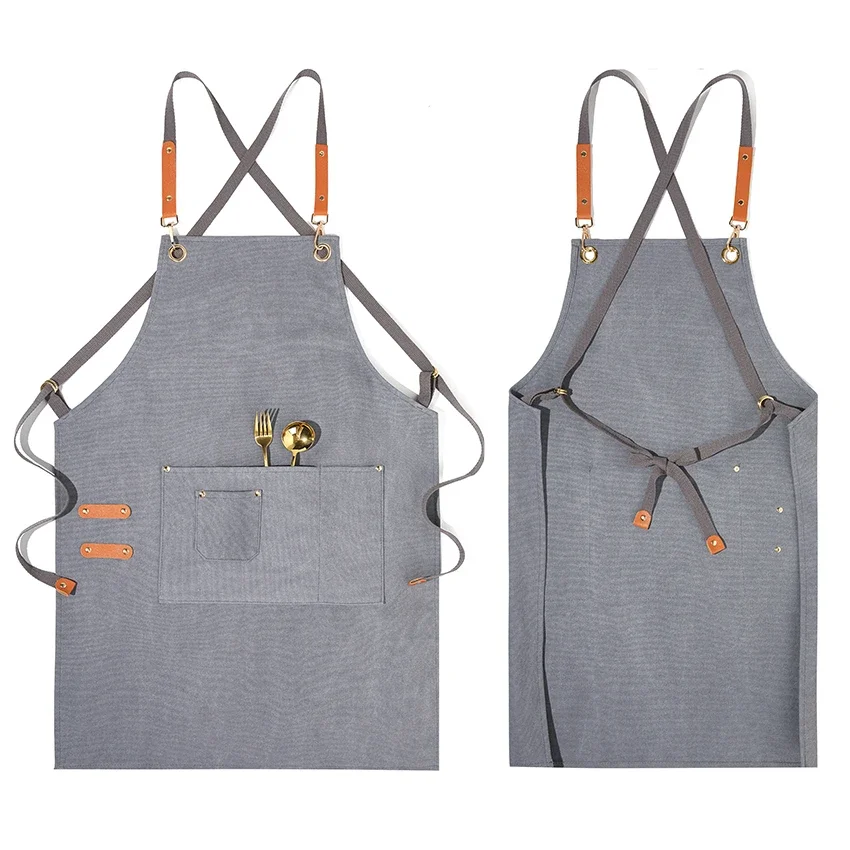 Soft Canvas Chef Apron Cross Back Heavy Duty Work Apron with Adjustable Straps and Large Pockets for Men Women Size M to XXL