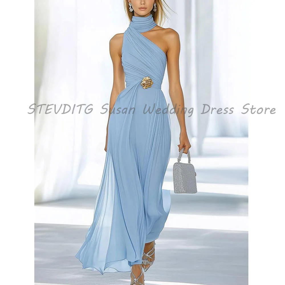 

Blue Evening Dresses Women Sleeveless Classic Elegant High Neck Mermaid High Quality Female Gowns Pleat Ankle Length Simple
