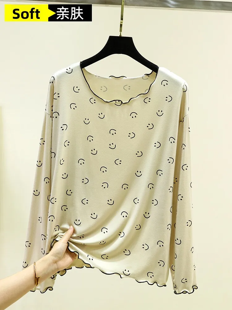 Casual Loose Long Sleeve Modal T-Shirt Thin Early Autumn Printed Smile Ladies Loose Slimming Base Shirt July Deer Brand