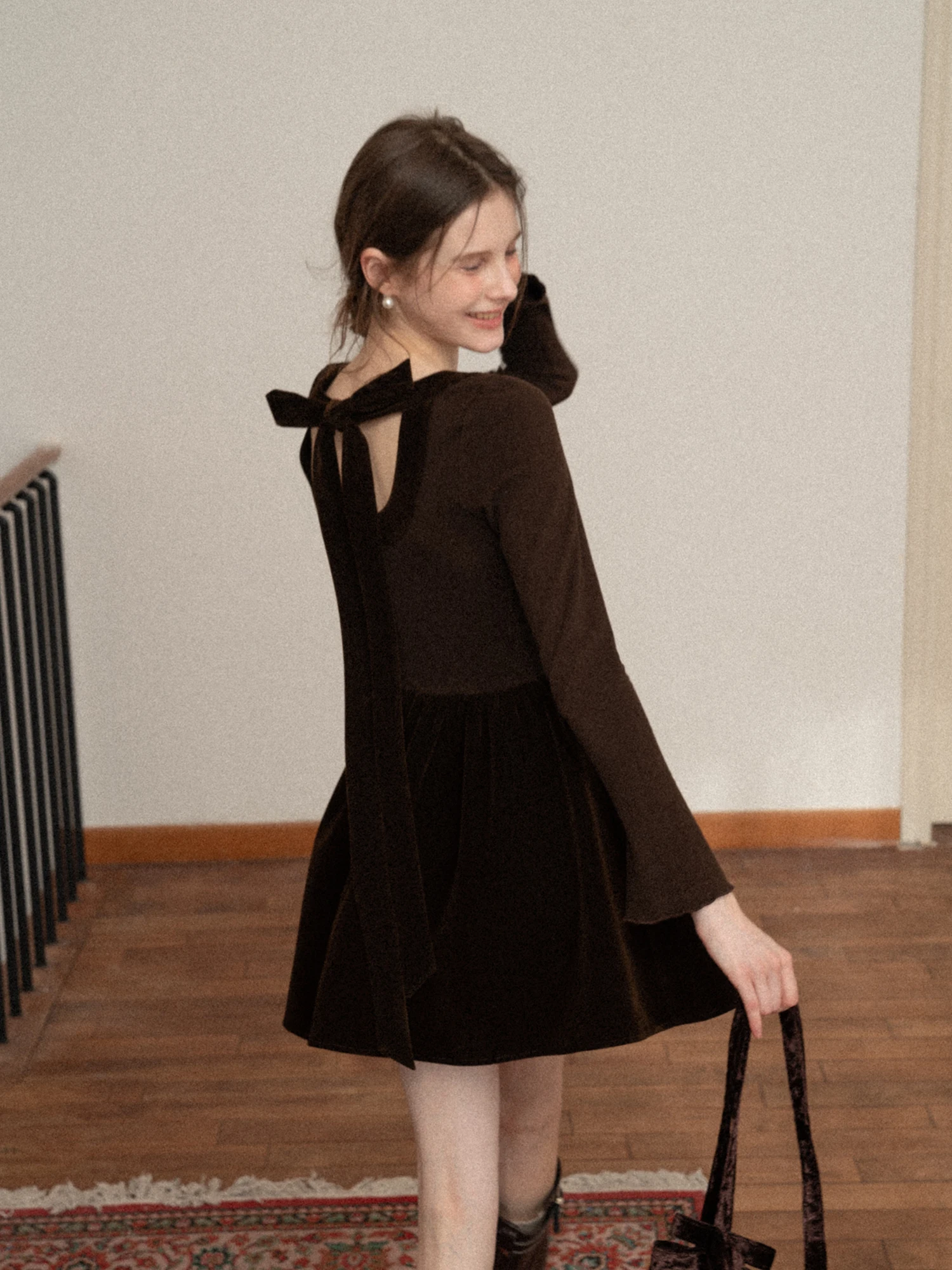 eggka-elegant-patchwork-slim-fit-a-line-dress-women's-coffee-color-long-sleeve-short-skirt-high-waist-round-neckline-ballet-s