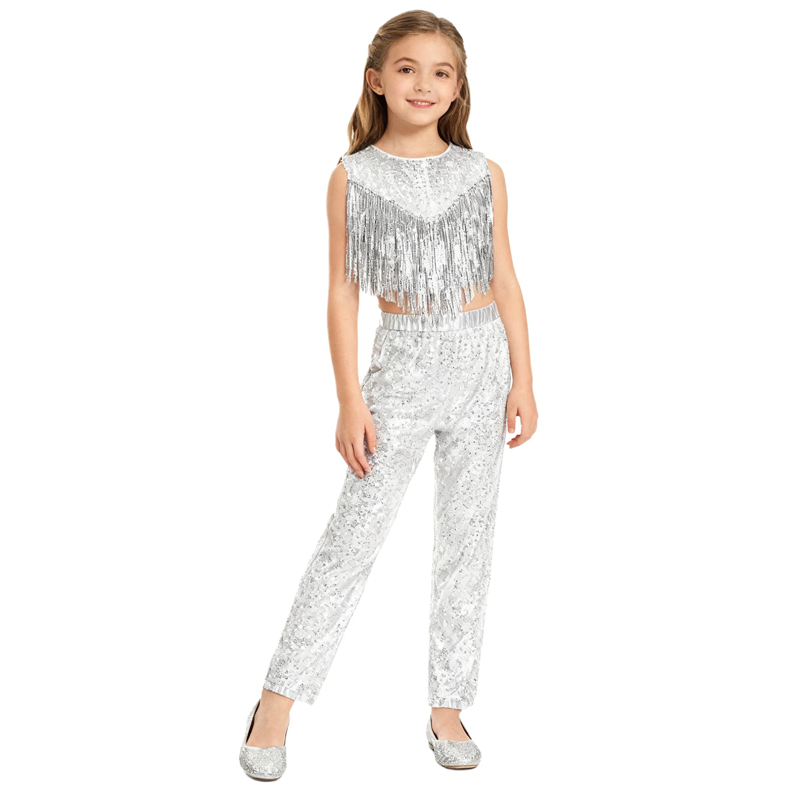 

Girls 2 Pcs 70S Disco Jazz Dance Costumes Metallic Gloss Shiny Sequins Top with High Waist Loose Trousers Set Street Dance Wear