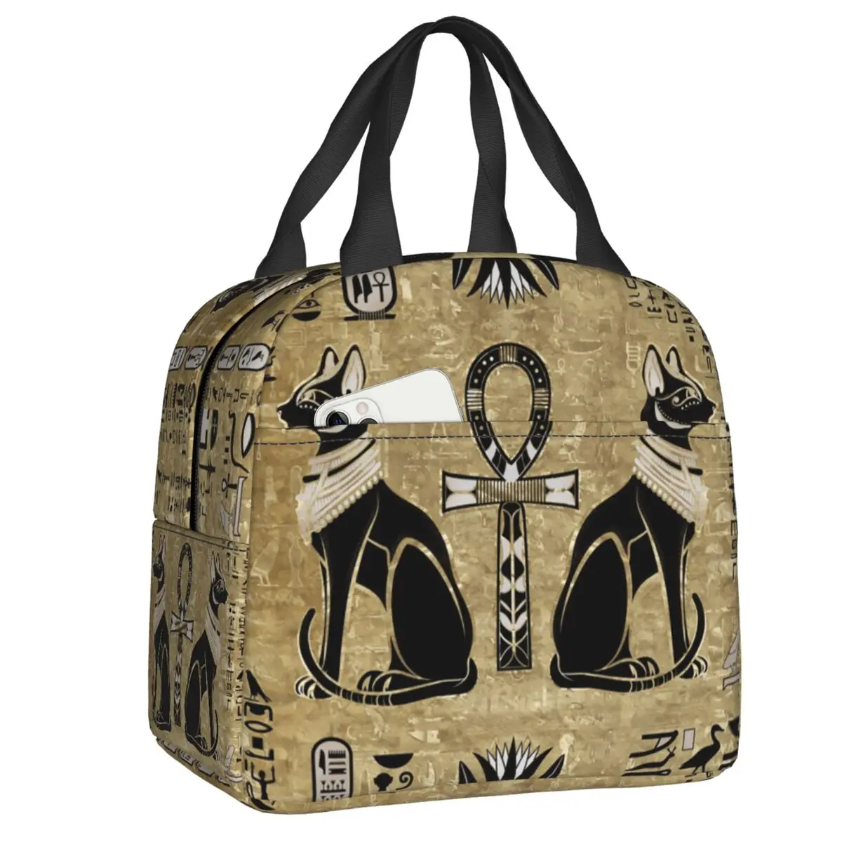 

Custom Bastet Insulated Lunch Tote Bag for Women Egyptian Cats And Ankh Cross Portable Thermal Cooler Bento Box Outdoor Camping