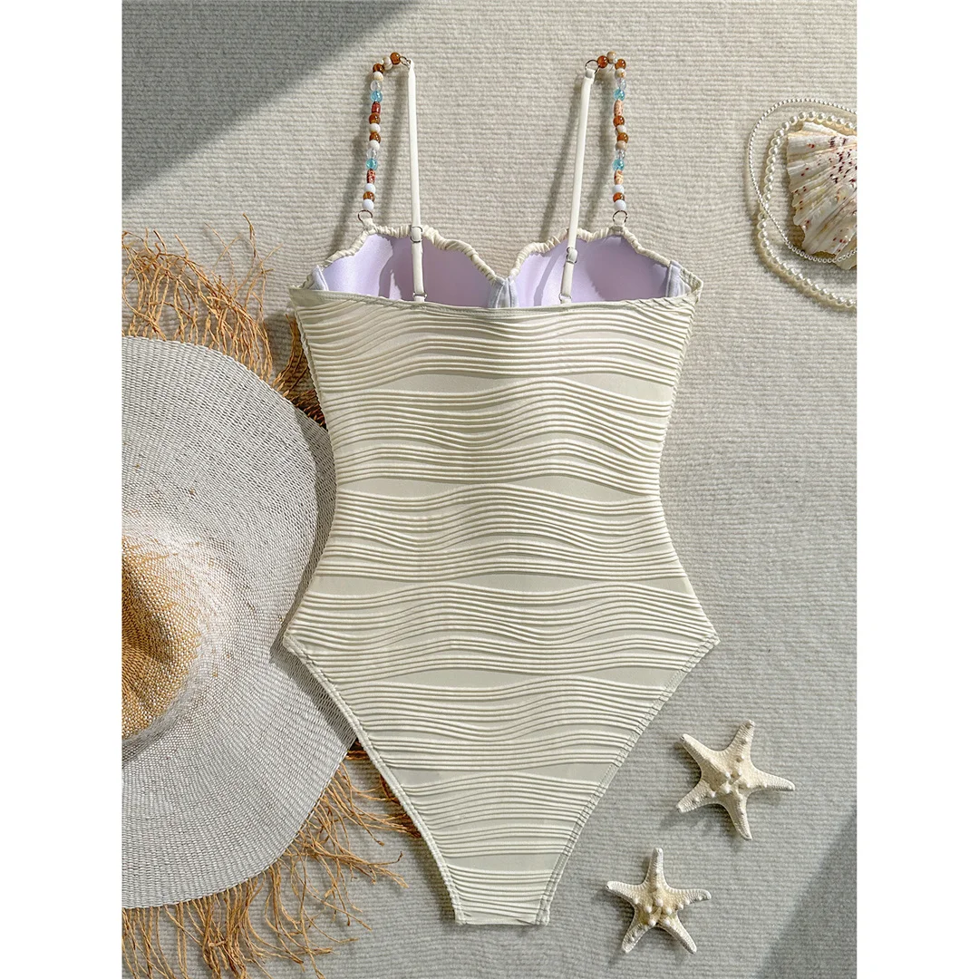 Gefalteter, farbenfroher Badeanzug mit Bügeln und Perlen für Damen, einteiliger Badeanzug, Monokini mit hohem Beinausschnitt, Badebekleidung, Badeanzug, Modell V8301. – Detail 9