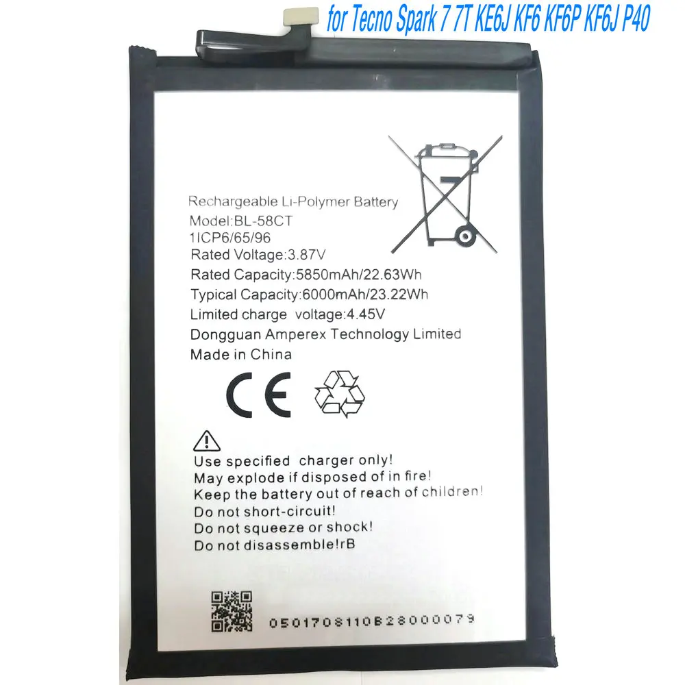 3.87V 22.63Wh BL-58CT Li-ion Polymer Battery for Tecno Spark 7 7T KE6J KF6 KF6P KF6J P40 Mobile Phone