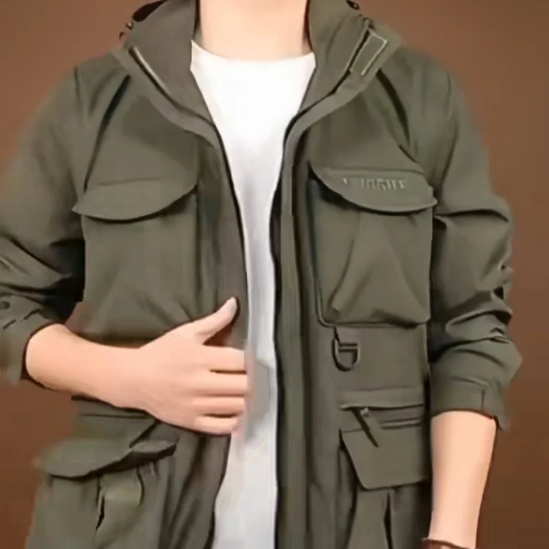 

Men's Detachable Sleeves Jacket Spring Autumn Outdoor Windproof Workwear Loose Casual Multi-Pocket Utility Coat Fishing Hiking