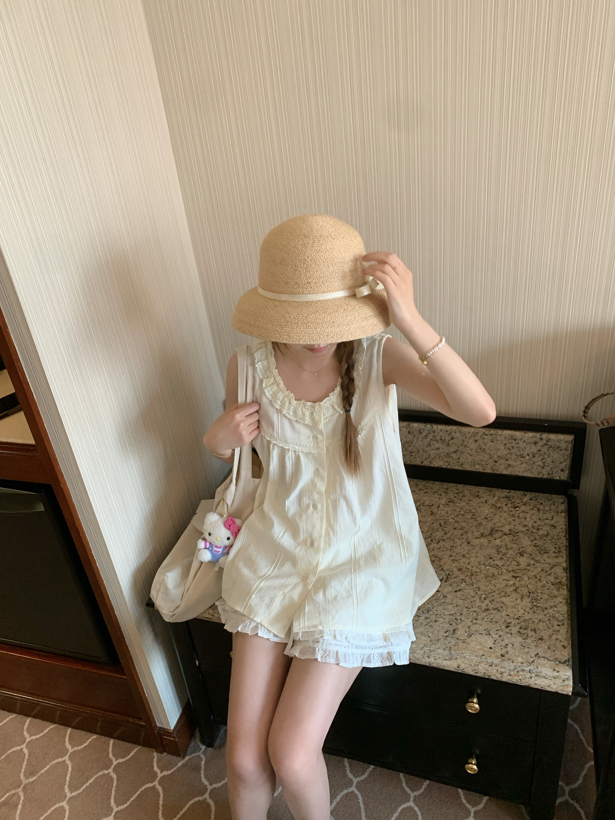 

Pure Desire Summer Yellow Cotton Lace Splicing Svel irt Anti-Aging Heavy Work Girl's Sweet Sle Loose Fit Breathable