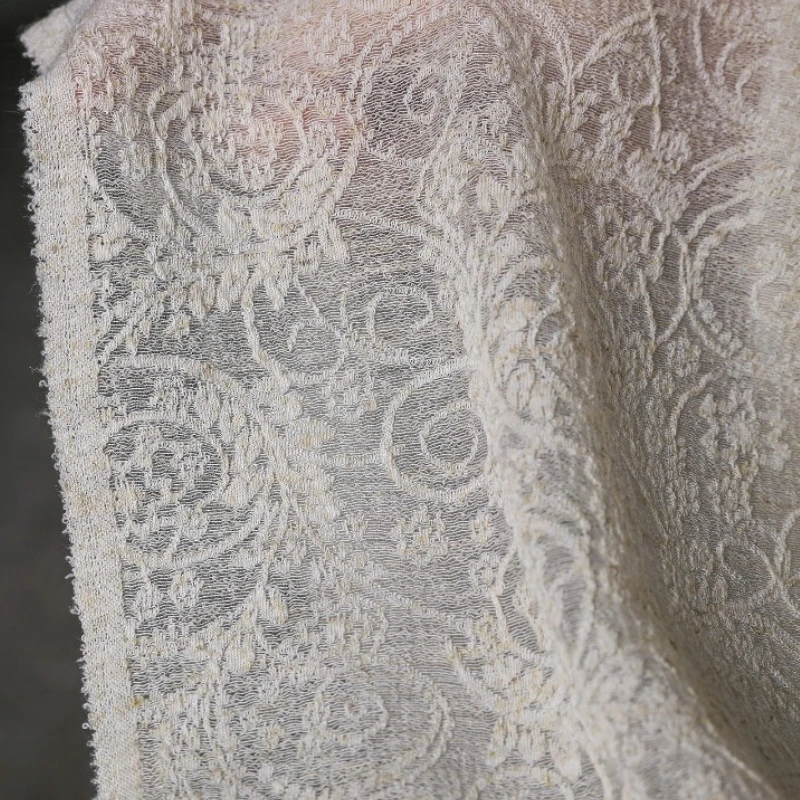 

Linen Knitted Jacquard Lace Soft Yarn Fabric Apricot Hemp Embroidered Dress Plant Vine Man Retro DIY Clothing Designer Fabric