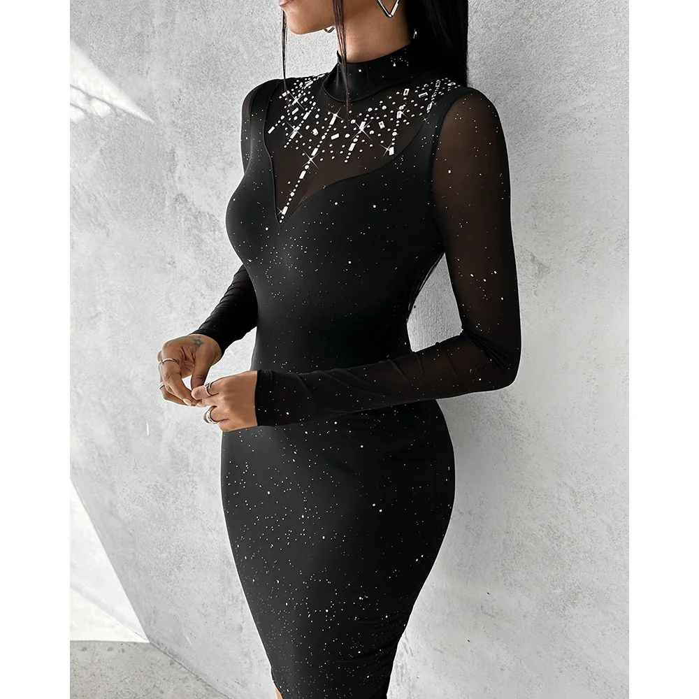 المرأة حجر الراين ديكور بقماش شفاف المرقعة كم طويل بريق Bodycon ميدي فستان سليم صالح وتتسابق