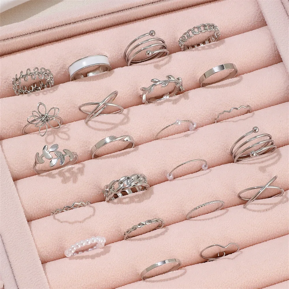 Silver Color Geometric Knuckle Ring Set For Women Artificial Pearl Simple Chain Finger Ring Female Bohemian Jewelry Accessories