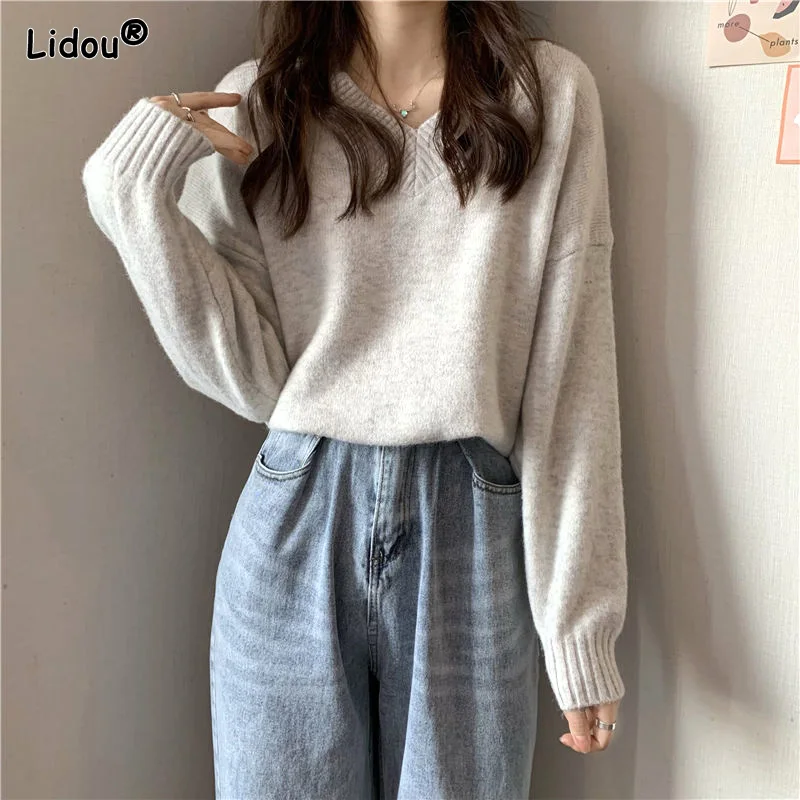 Auyumn Winter Solid Thick Sweet Pullovers V-neck Intellectual Loose Comfortable Temperament Screw Thread Women's Clothing 2022