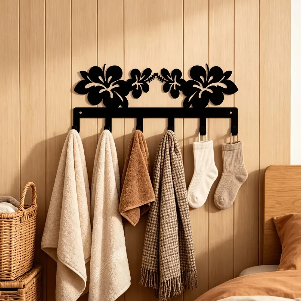 CIFBUY Black Flower Silhouette Iron Wall Hooks 5 Hook Metal Hanger For Bedroom Entryway Coat Key Bag Home Decor Organizer Gift