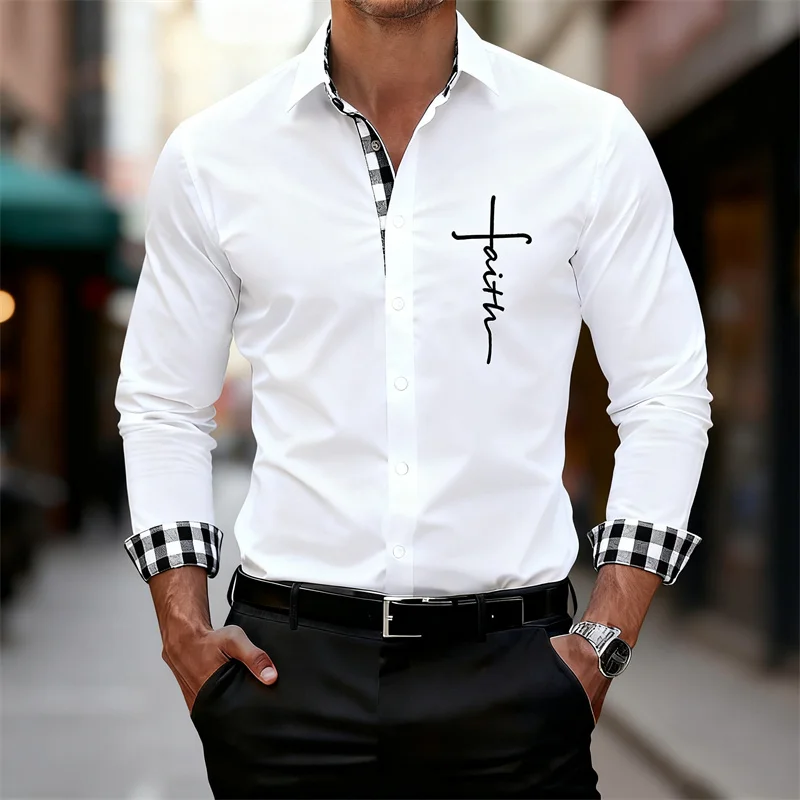 Men's long-sleeved shirt with black and white checkered collar and cuffs, 3D printed solid color business casual fashion top