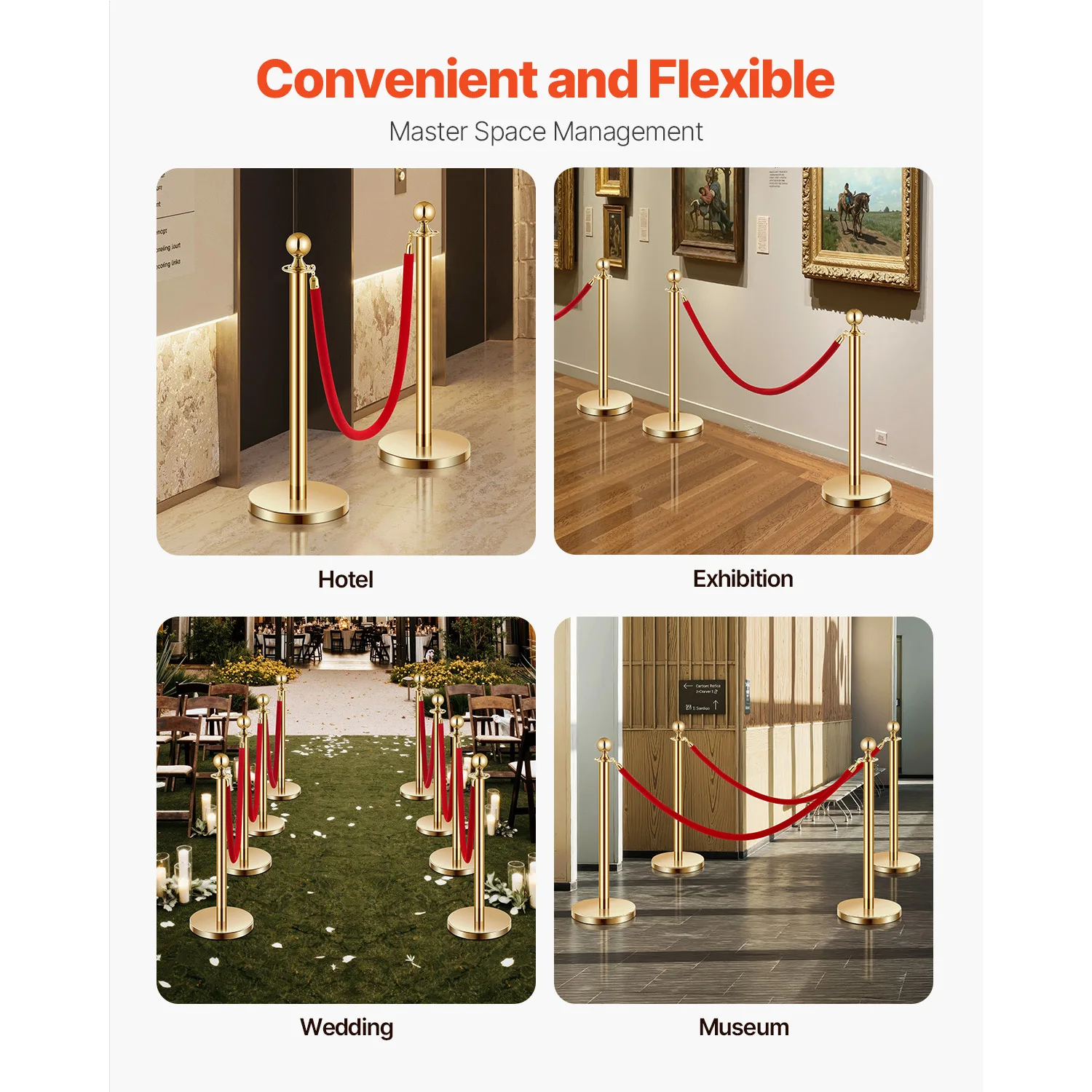 VEVOR Stanchions 4/6/8 قطعة عمود من الفولاذ المقاوم للصدأ مع قاعدة قابلة للتعبئة حبال وأعمدة مخملية حمراء لحواجز التحكم في الحشود