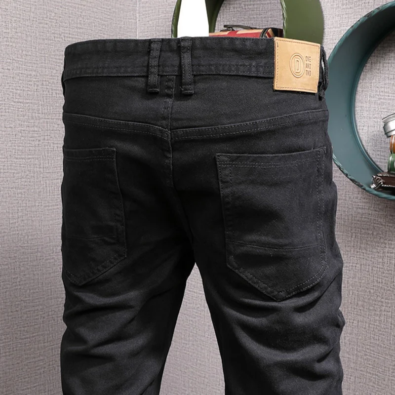 Fashion Designer Men Jeans High Quality Black Stretch Slim Fit Vintage Jeans Zipper Spliced Hip Hop Y2K Casual Denim Pants Homme