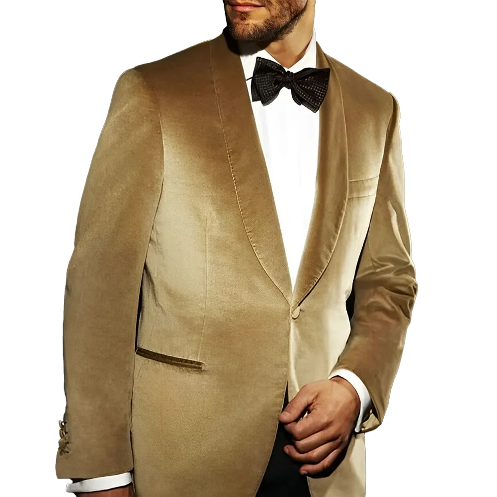 Chaqueta de terciopelo dorado, chal con solapa, traje para hombre, esmoquin ajustado, traje Formal para novio, traje para cena de graduación, abrigo de una pieza hecho a medida