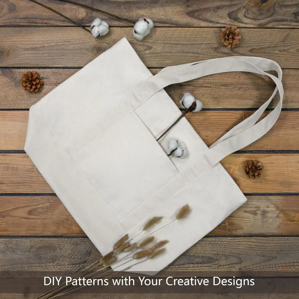 再利用可能な食料品用トートバッグ - 外側ポケット付きキャンバスショッピングバッグ6個パック、上部ジッパー開閉、毎日の必需品に最適