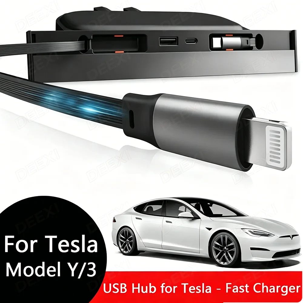 Hub USB Retrátil para Console Central do Tesla Model Y Juniper, Estação de Carregamento Rápido para Carregador de Telefone do Model 3 Highland