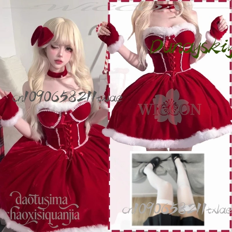 

Shop1104629319 Store Original Design Cute Jirai Kei Girls Red Velvet Strapless Cosplay Maid Sweet Lolita Bow Christmas 코스프레