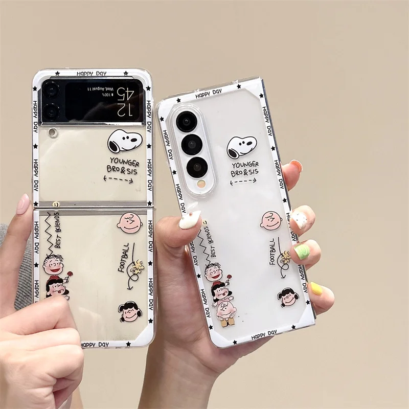 Cute Snoopy Charlie Brown Peanuts For Samsung Galaxy Z Flip4 Flip3 Fold4 Fold3 Transparent Hard PC Folding Shockproof Back Cover