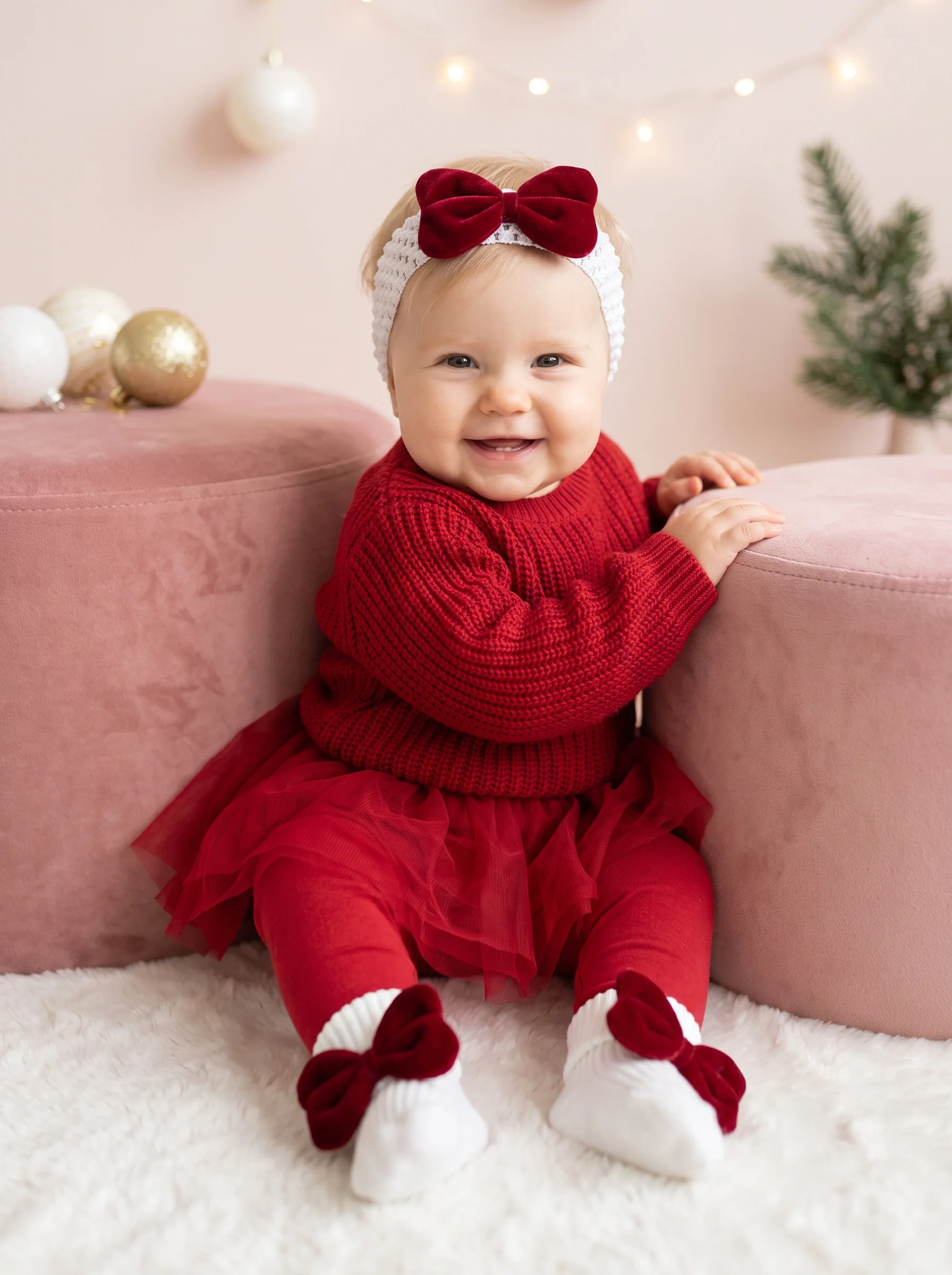 2PCS 3-12M Baby Red Velvet Bow Headband & Socks Set Cute Kids Gift Kit Christmas New Year Party Accessory