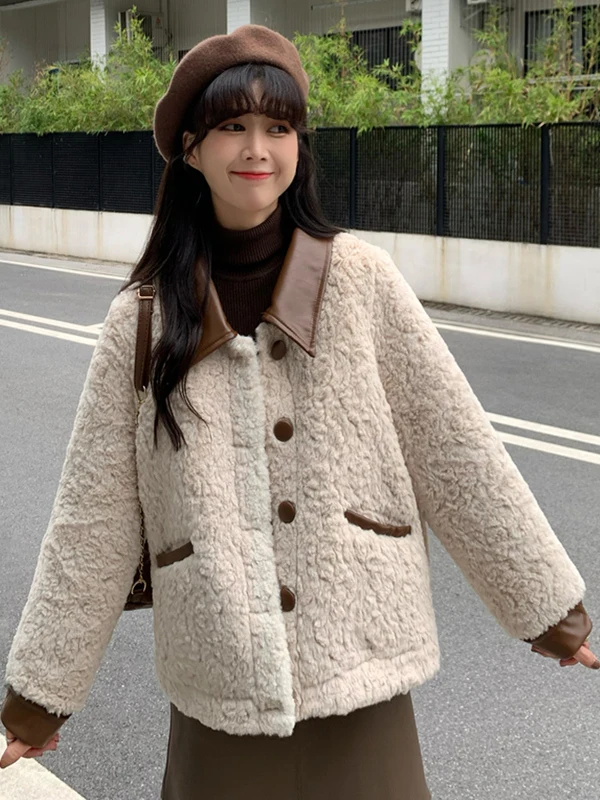 

Весна 2026: Женская модная легкая роскошная куртка из овечьего меха с воротником-стойкой, прямого кроя, для повседневной носки