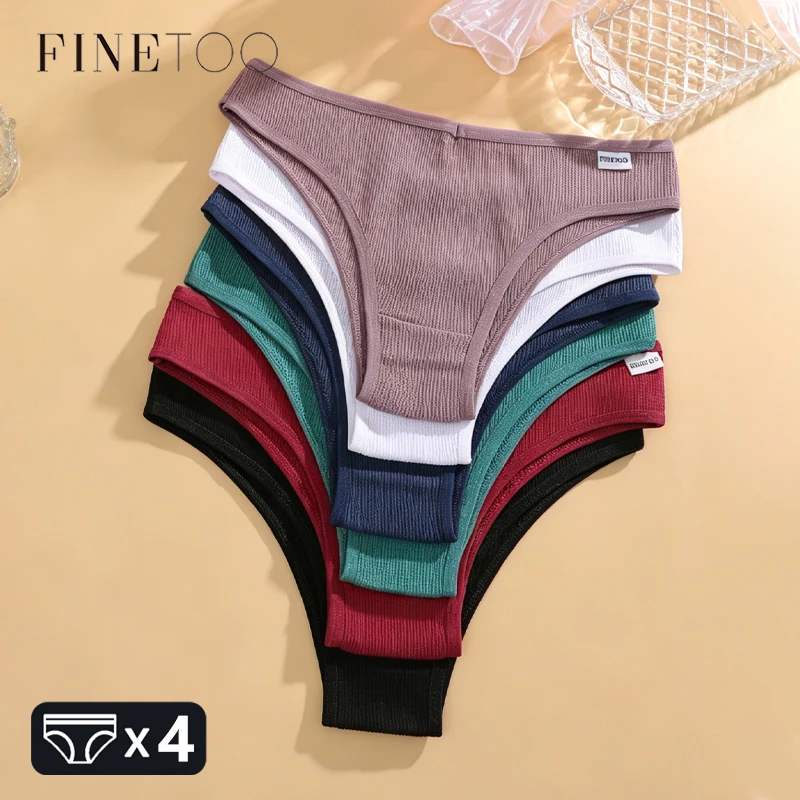 FINETOO 4Pcs/Set Cotton Waffle Style Brazilian Panties Sexy Low-Waist Comfortable Underwear Solid Color Stretchy Briefs Lingerie