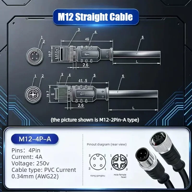 M12 Plug Socket 4Pin 5Pin 6 8Pin 12Pin IP67 Waterproof Male Female Sensor Cable A Coded Shielded PLC Servo Camera LED Automation