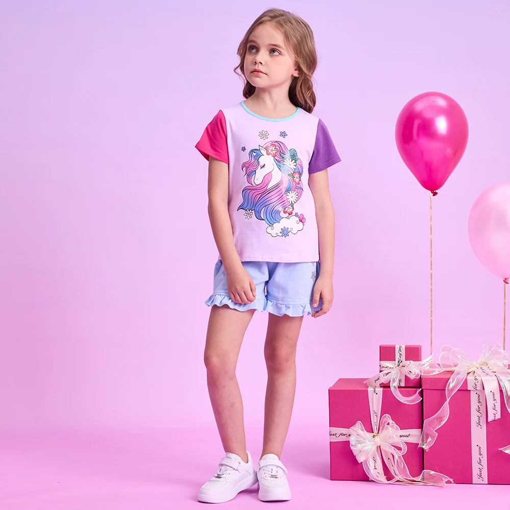 DXTON Toddlers Summer Tops Girls Short Sleeve T-shirts Unicorn Floral Printed Girls Cotton Tees Contrasting Colors Kids Costumes