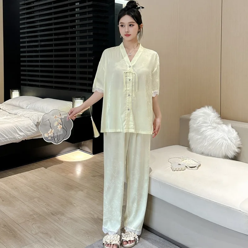 Temperament Luxury Summer New Antique Pajamas Women Ice Silk High-order Jacquard Short-sleeved Cardigan Three-piece Pyjamas Sets