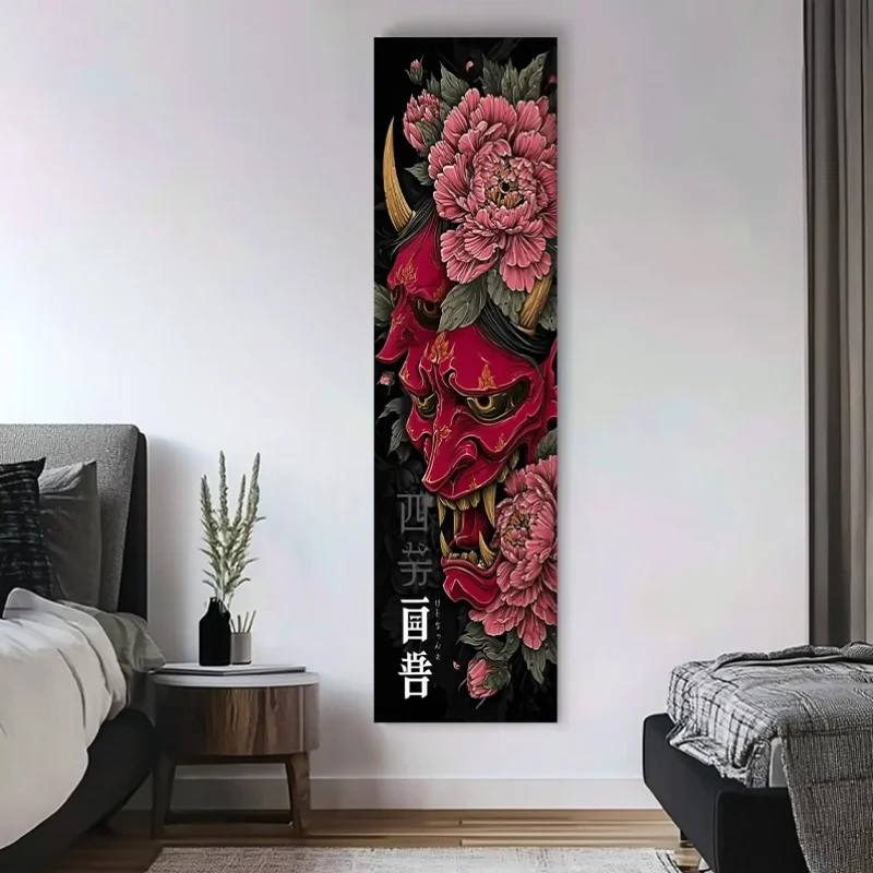 VIKAMA Long Strip Japanese Red Prajna Peony Ukiyo-i Tapestry Hanging Cloth Trendy Men and Cool Wall Decoration Room Decoration