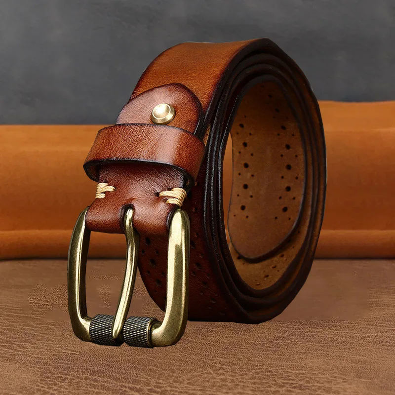 3.8cm Hollowed Out Cowhide Copper Needle Buckle Belt New Men And Women's Hunting Travel High-Quality Genuine Leather Pants Belt