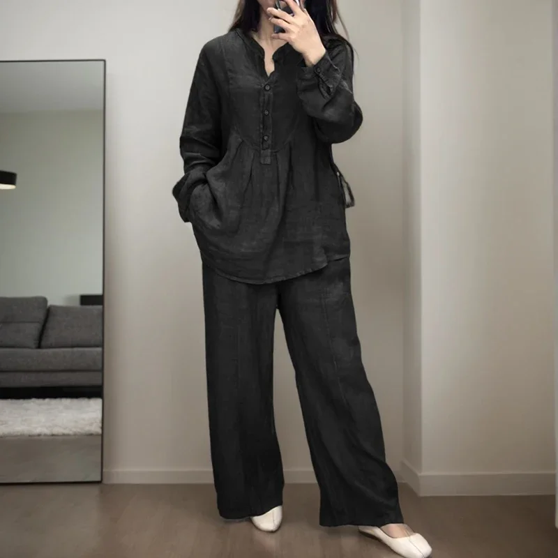 

Office Lady Commute Two Piece Sets Casual Loose Cotton Linen Long Sleeve Half Open Shirring Shirt And Wide Legs Pants Suits