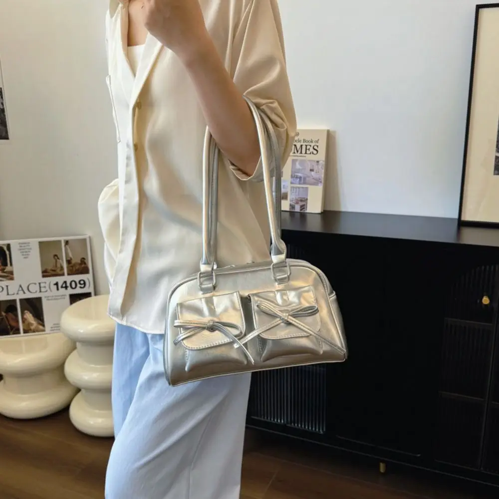 

Trendy French Style Bow Tie Bowling Bag Elegant Bowknot Boston Shoulder Bag PU Leather Casual Women Handbags Armpit Bag