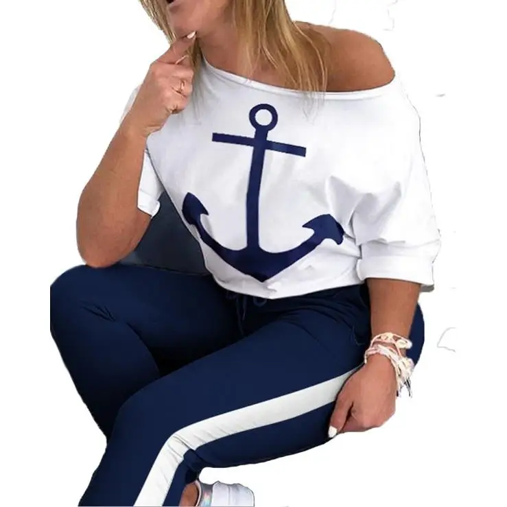 Tweedelig sportpak voor dames ort Sve T-shirt met bootprint Casual Sle lange broek Herfstfaion-set
