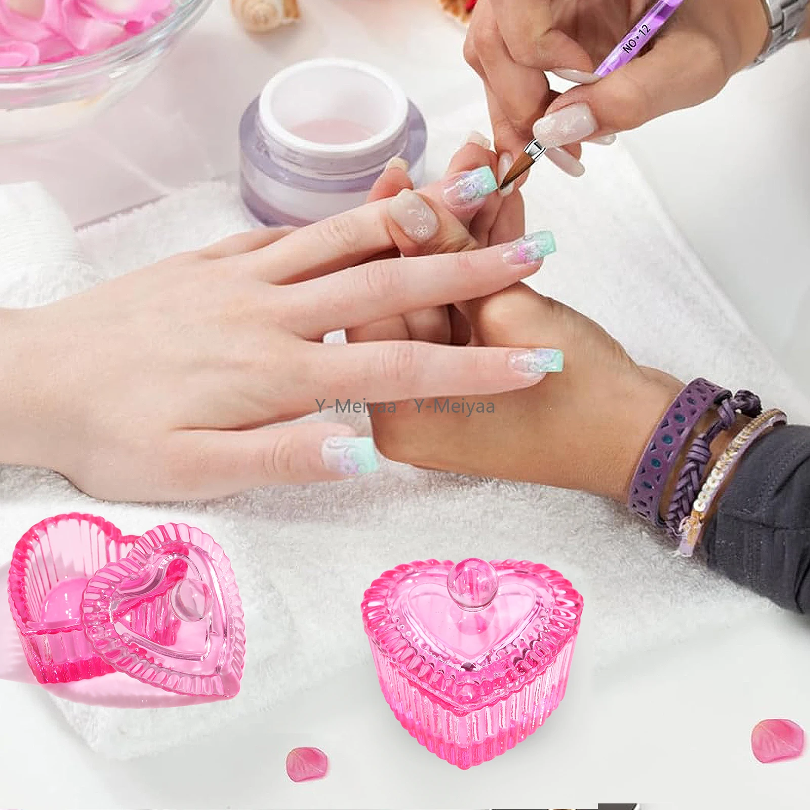 1 stks Roze Kristalglas Dappenschotel Acryl Poeder Vloeistof Houder Container Hartvorm Nagel Deksel Cup Kom Manicure Accessoires