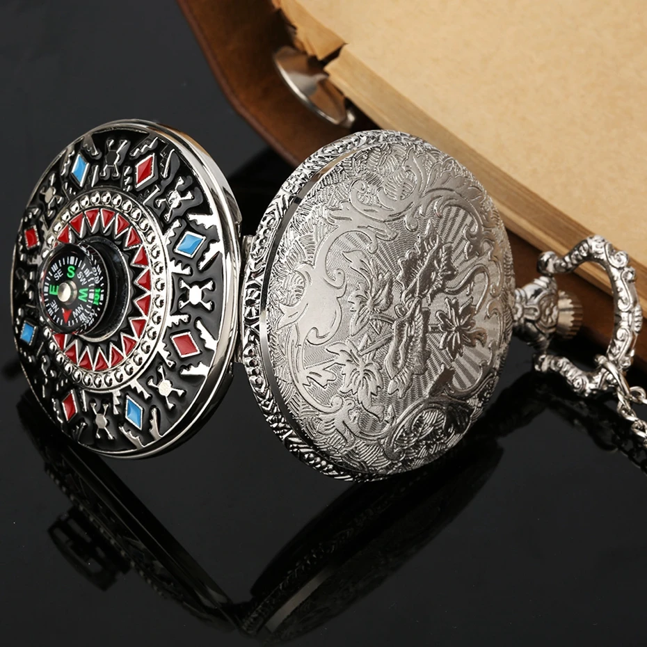 Relief Art American Southwest Cross Totem Design Quartz Pocket Watch Necklace Pendant Steampunk FOB Chain Clock with Compass