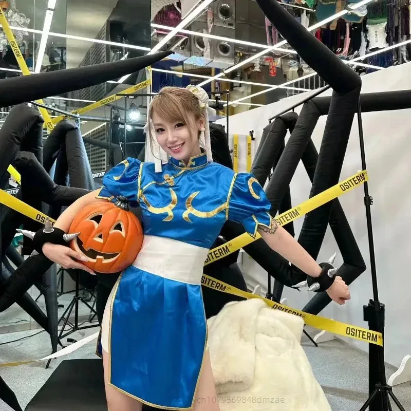 XT8Chunli زي لعبة شخصية الشارع الفتوة كاملة تأثيري شيونغسام هالوين مثير مجموعة سوار أغطية الرأس @ XT6!