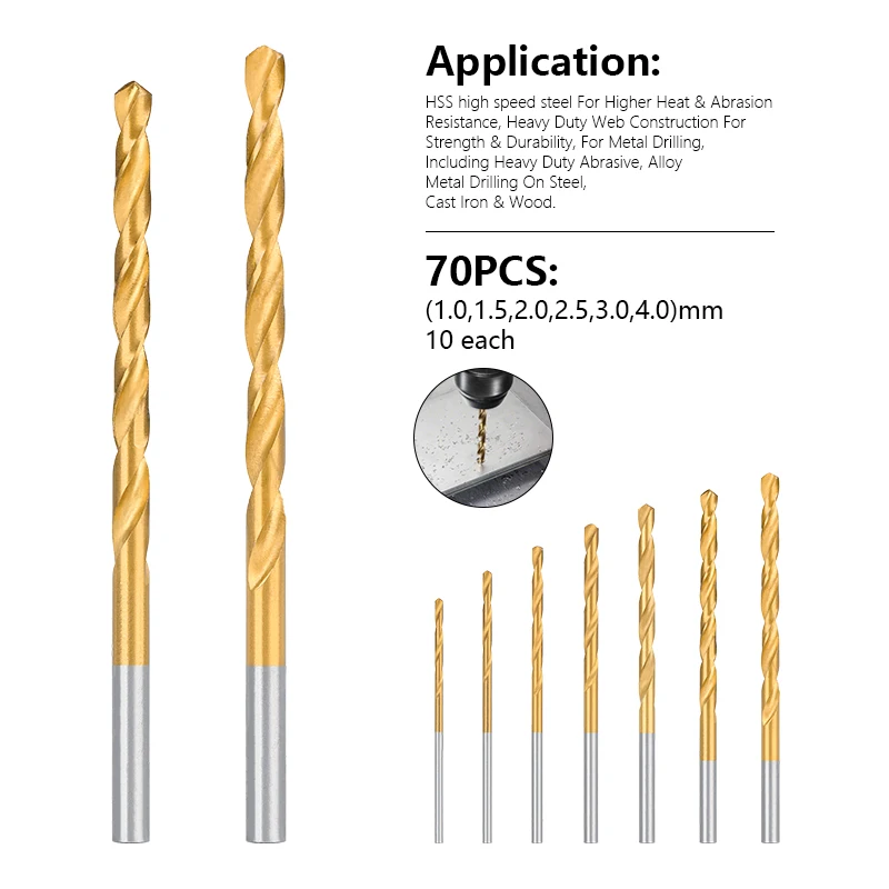 70pcs Twist Drill Bit Set 1.0/1.5/2.0/2.5/3.0/4.0mm Wood/Metal Hole Cutter Titanium Coated HSS Drill Bit Set